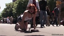 Hot redhead Spanish babe trated like a on chain in public streets